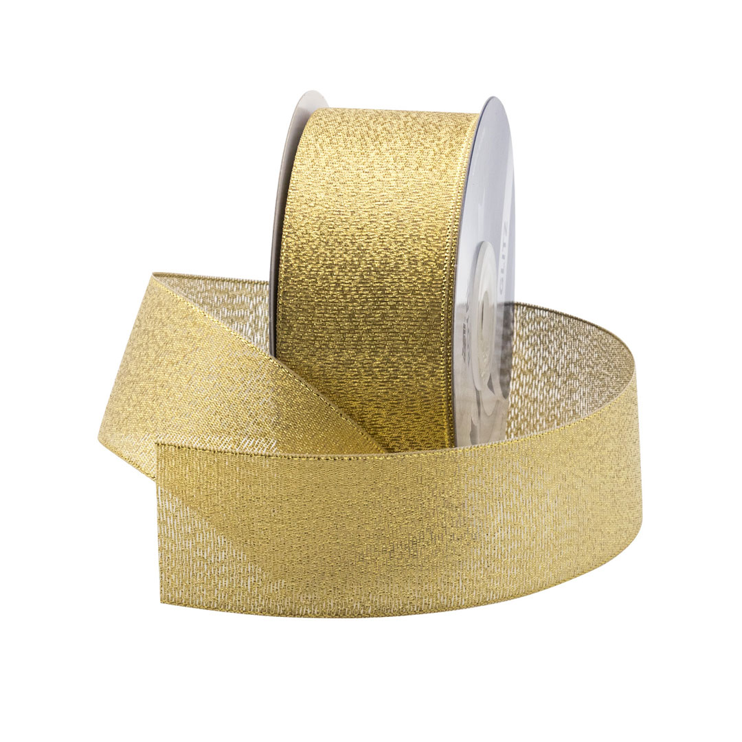 Gold Glitz Metallic Ribbon, 2.5 x 25yds, 12 Rolls/Box - Fisch Floral Supply
